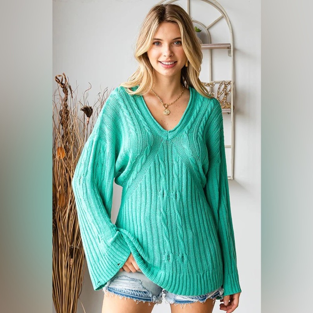 086 First Love Mint Cable Knit V-Neck Bell Sleeve Sweater